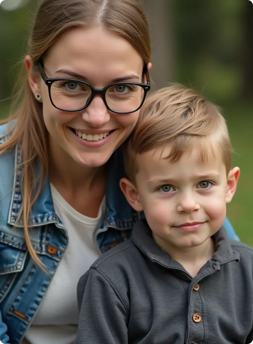a woman and a child smile